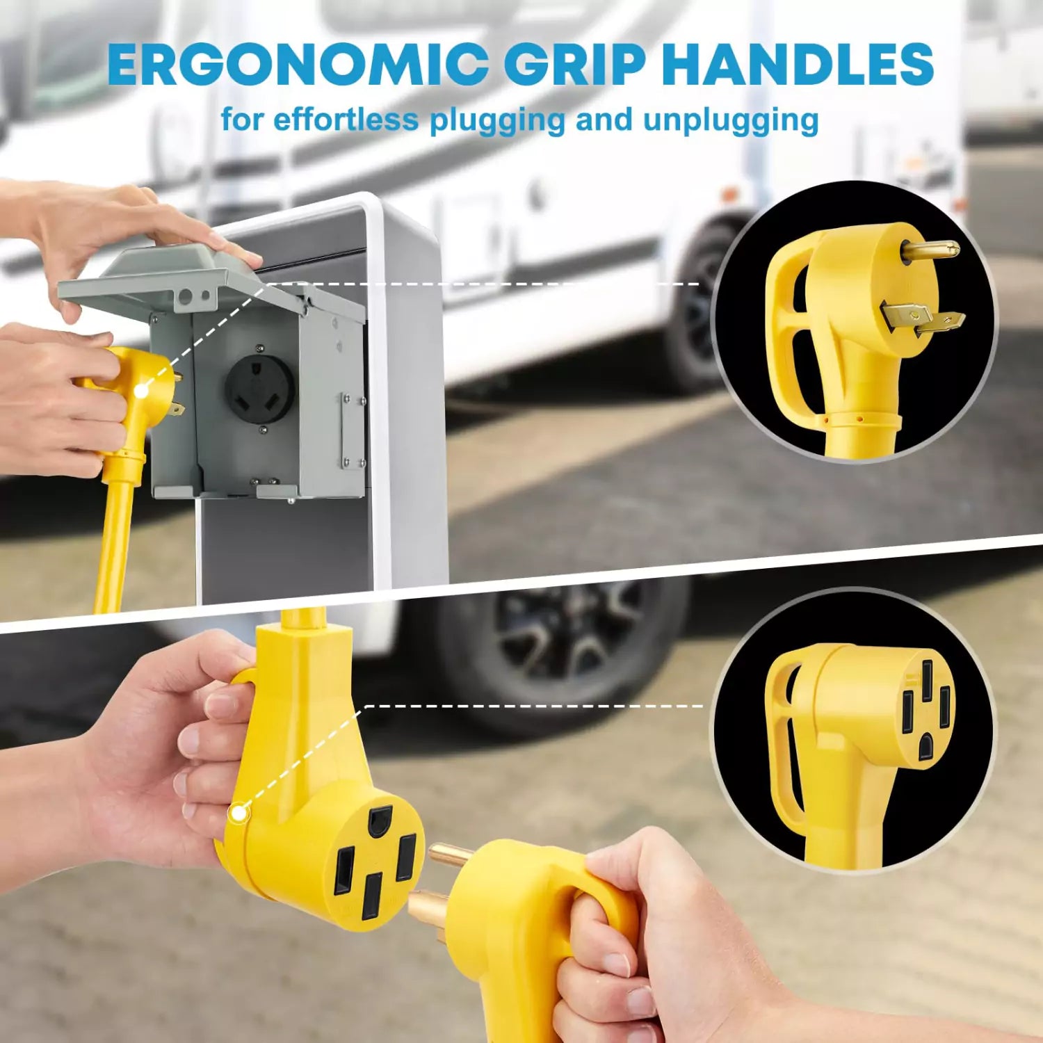 Ergonomic grip handles 30 amp to 50 amp camper adapter