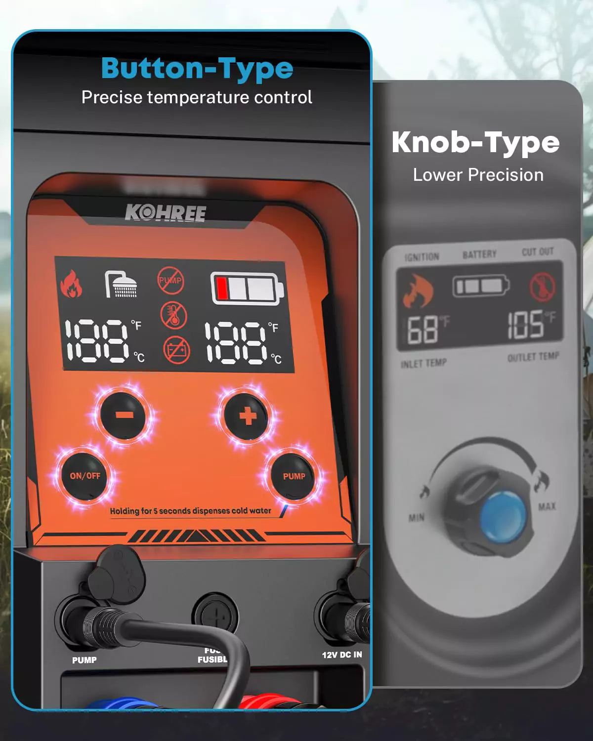 Comparison of button type and knob type battery rechargeable water heater