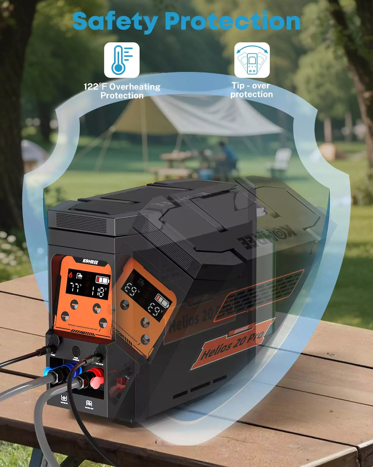 Kohree camping water heater with safety protection