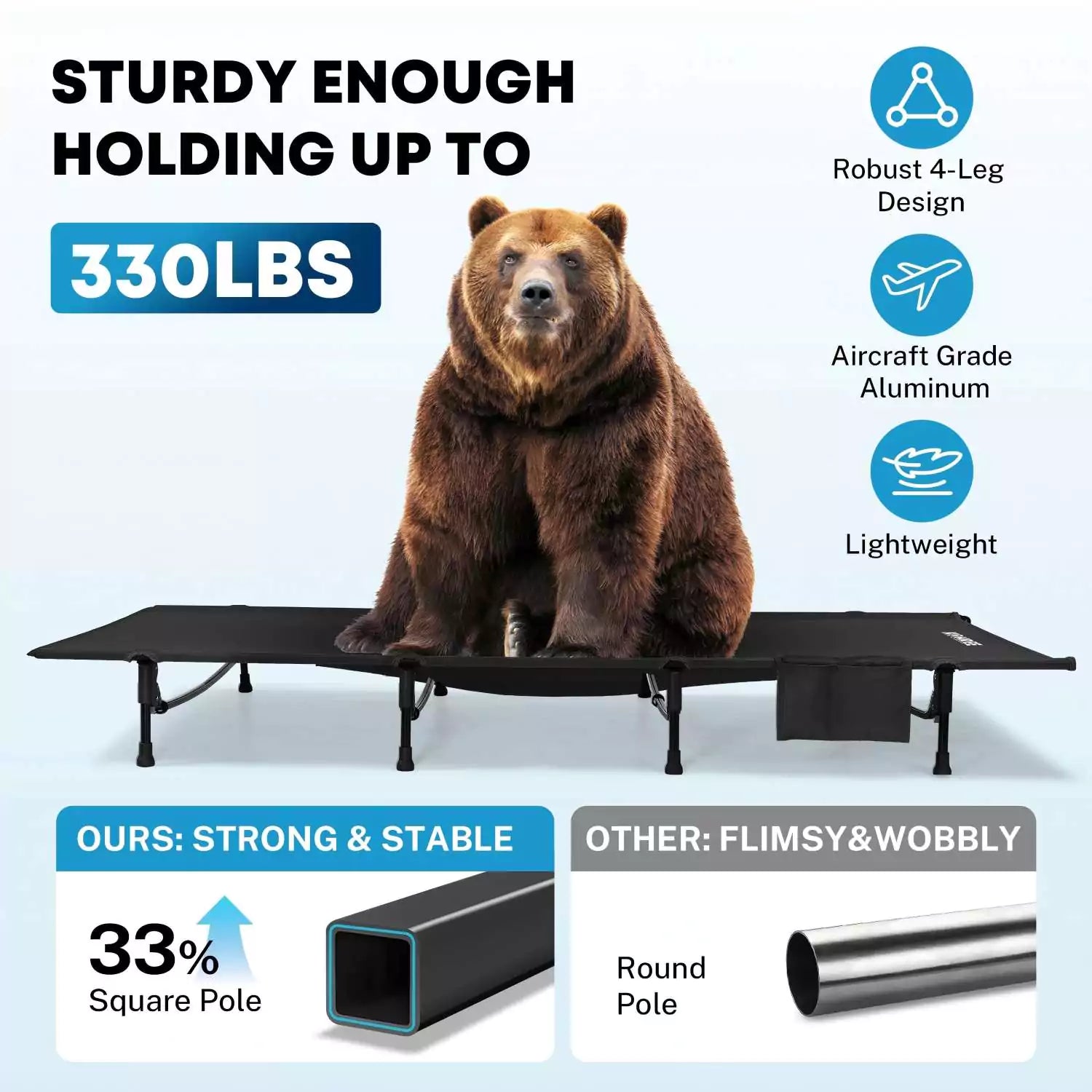Sturdy foldable camping cot holding up to 330 lbs