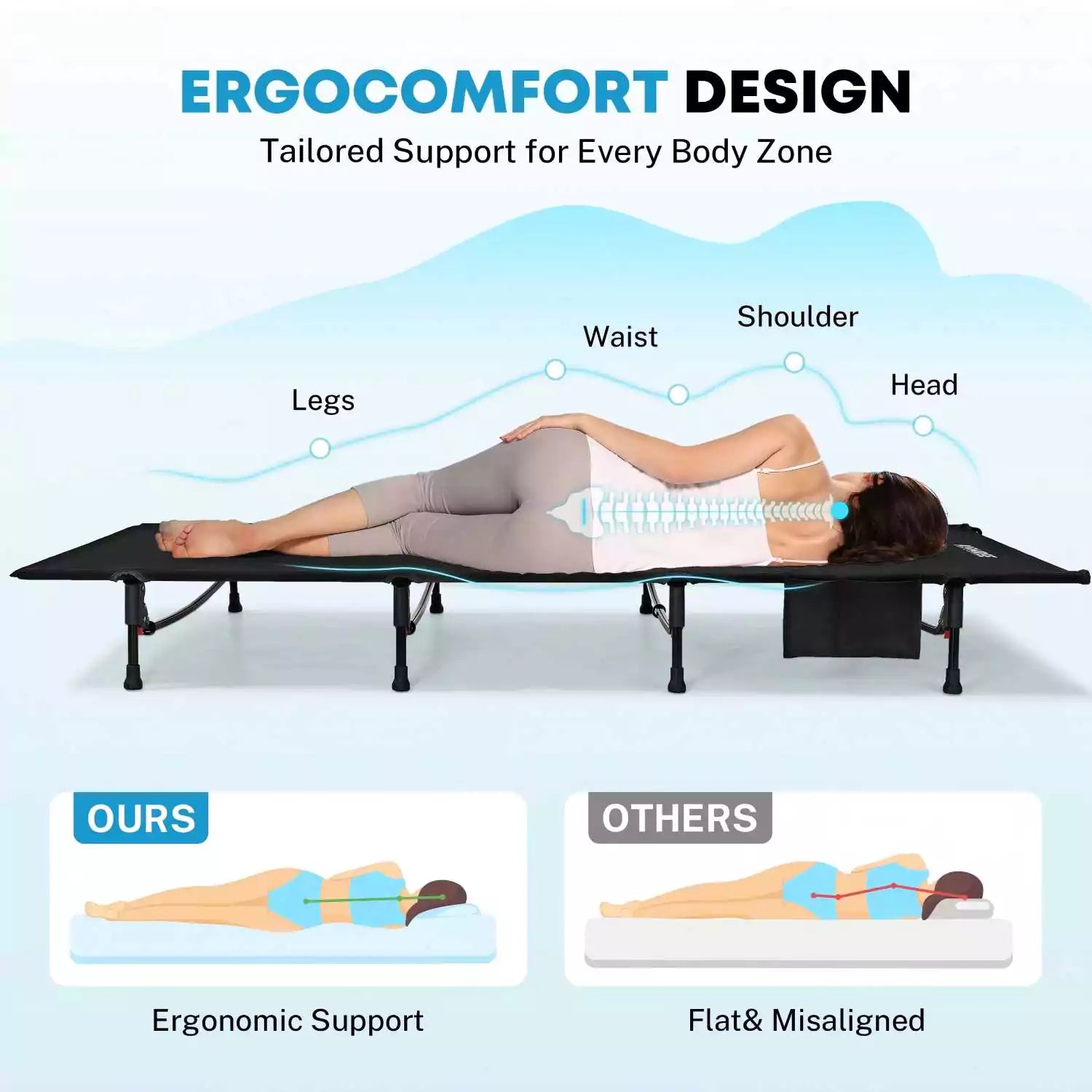 Ergocomfort design folding camping cot