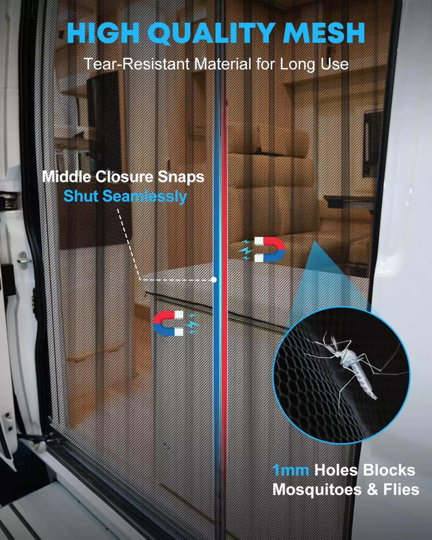 Tear-resistant mesh material insect screen for rv