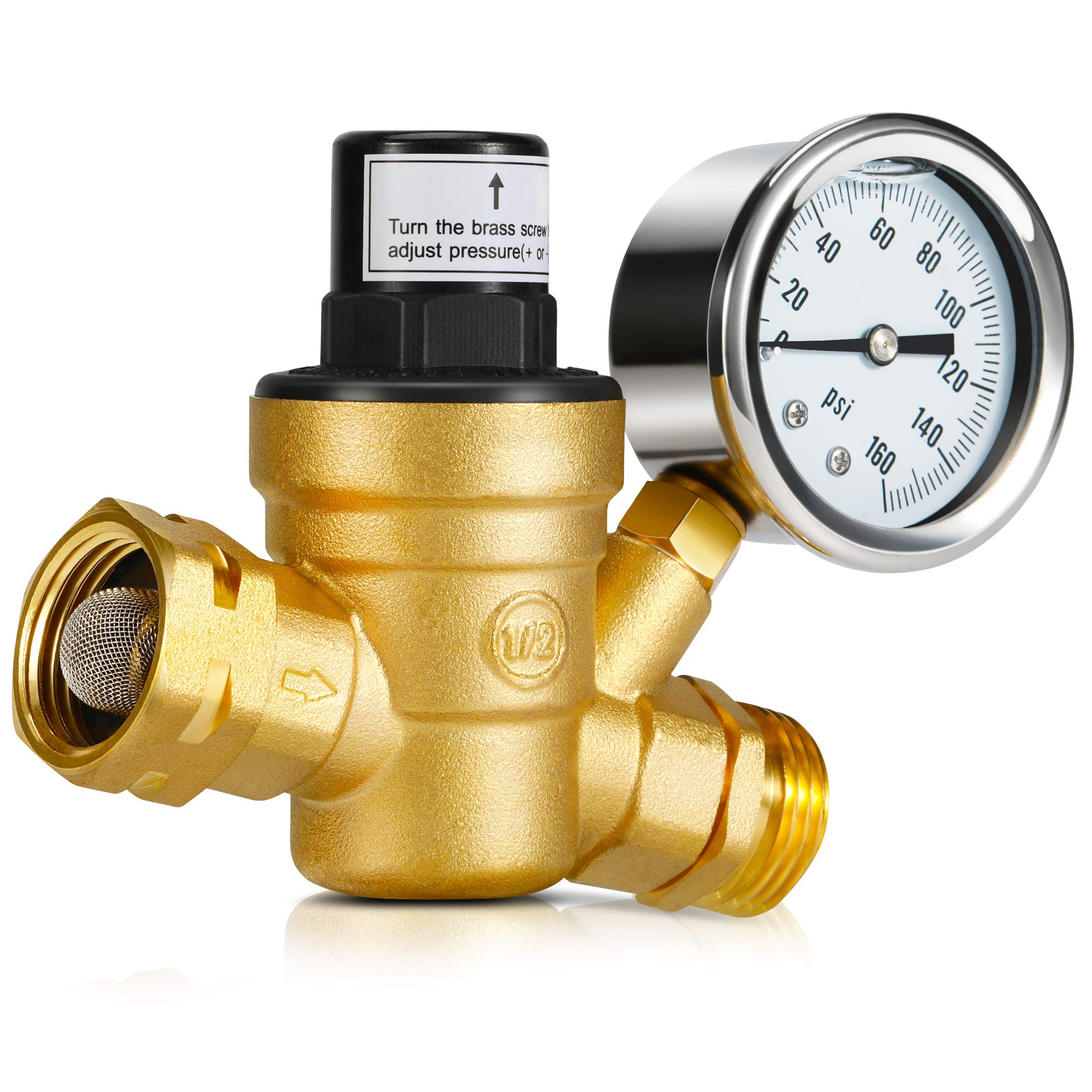 Kohree RV Brass Water Pressure Regulator with Gauge