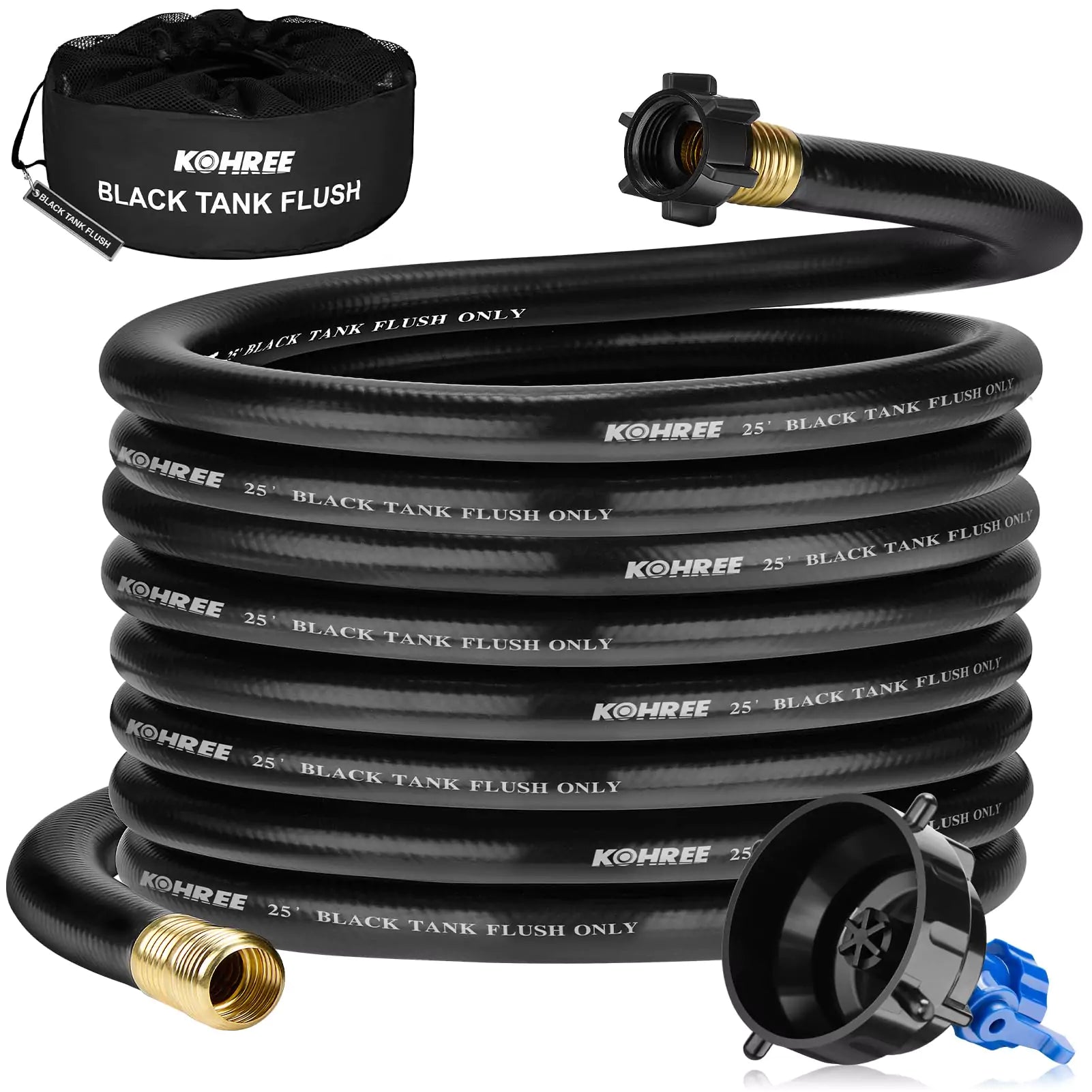 Kohree rv black water hose with rinser cap 25 ft