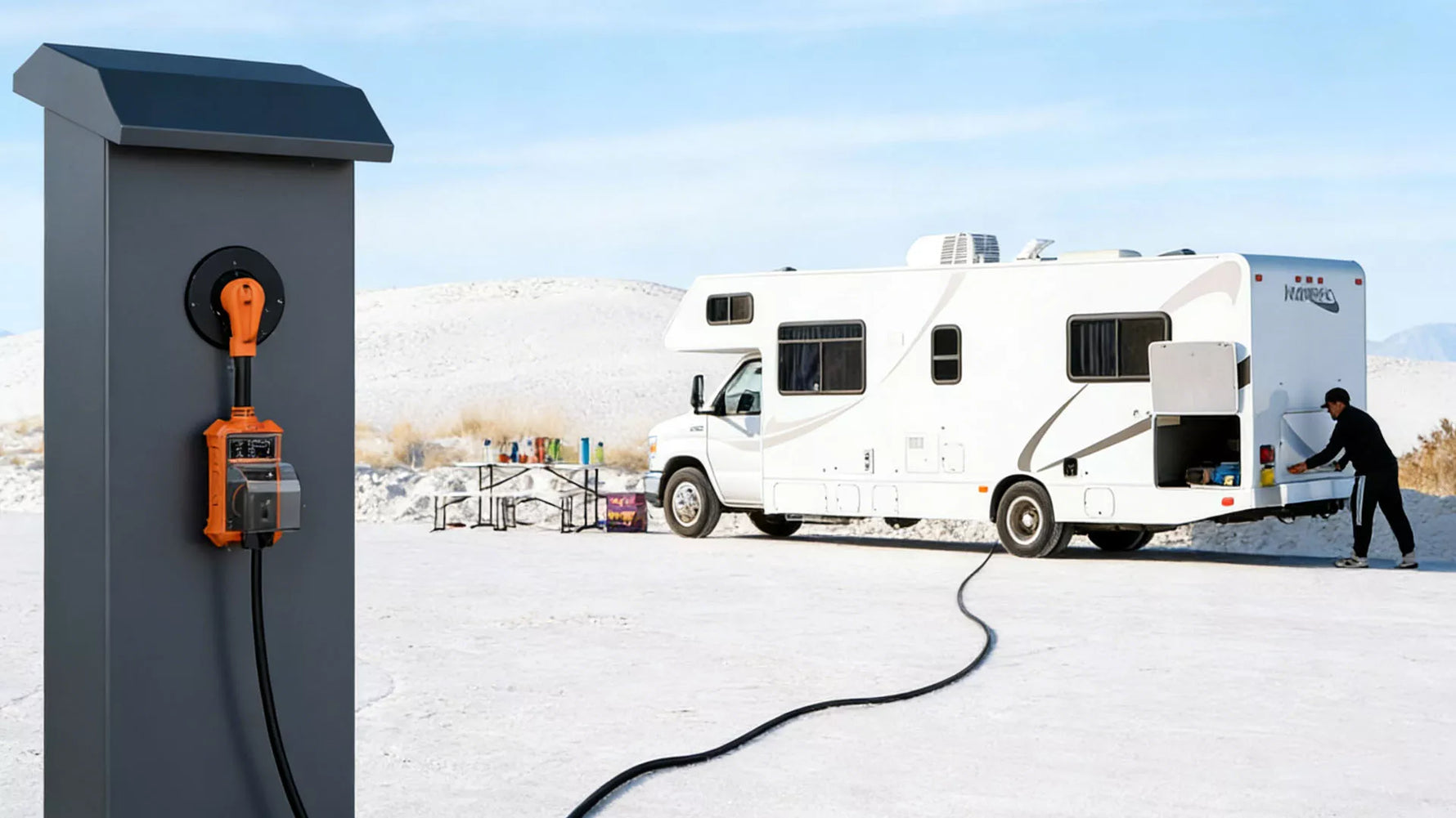 White RV charging at electric station with orange rv surge protector in snowy mountain landscape, person standing by open door, winter camping scene.