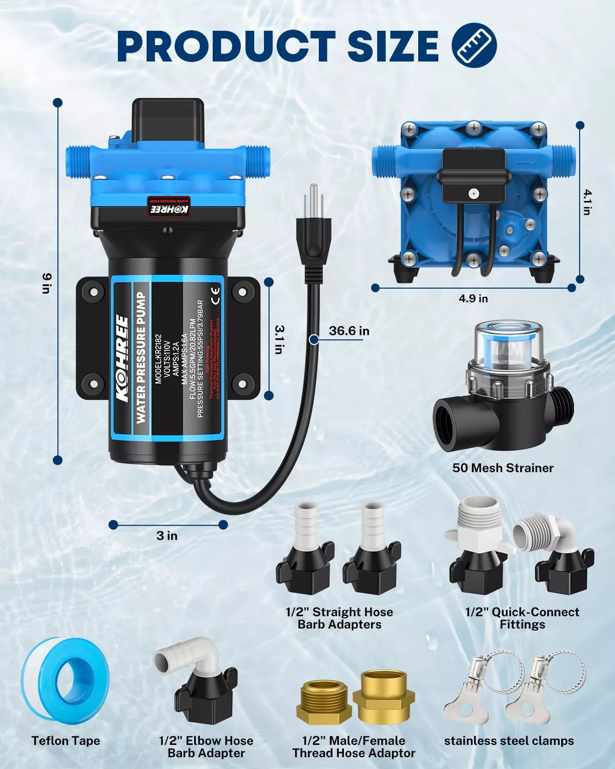 kohree water pressure pump 5.5 gpm 55 psi with dimensions and accessories 