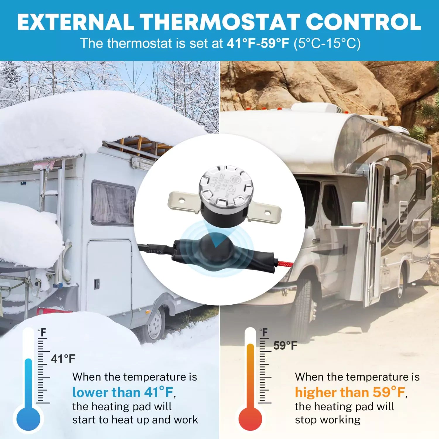 External thermostat control 120v water tank heater pad
