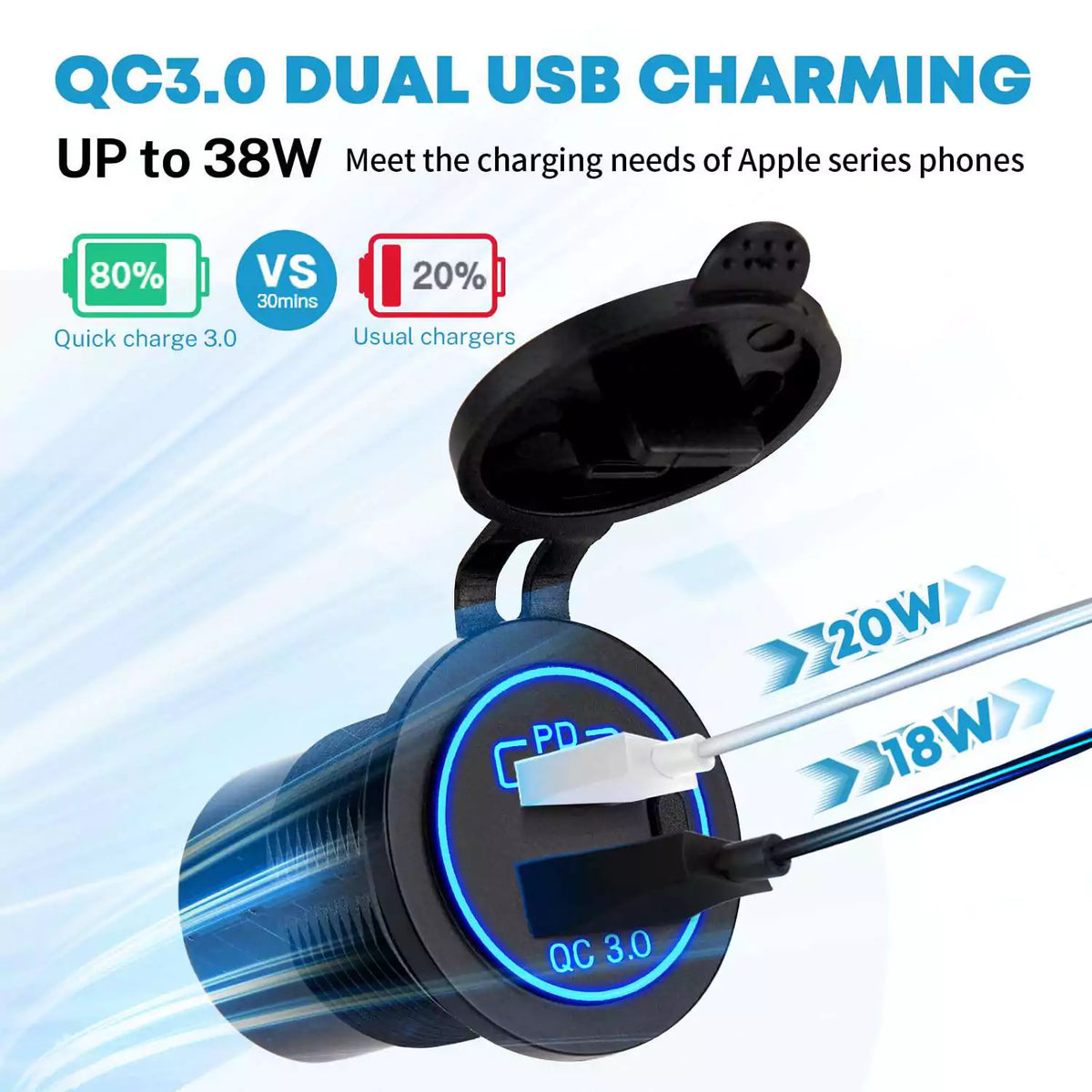 2 in 1 QC 3.0 dual USB charming cigarette lighter socket