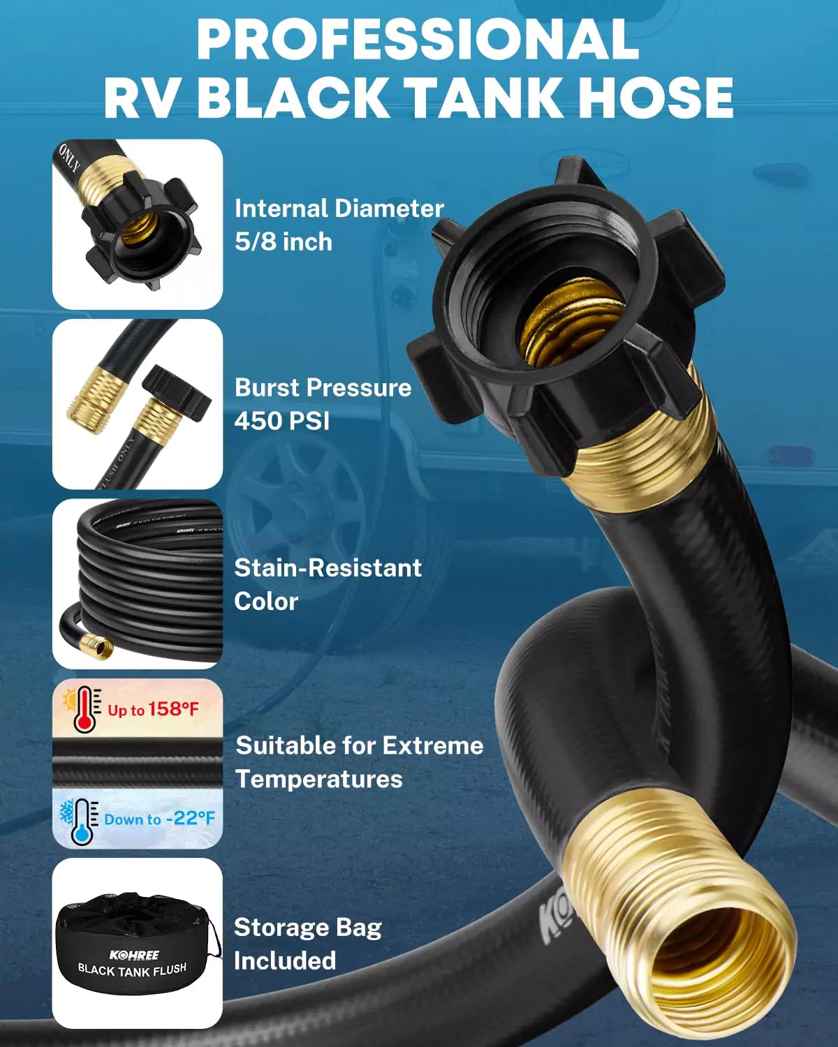 5/8" RV Sewer Flush Hose with Rinser Cap 25 Ft