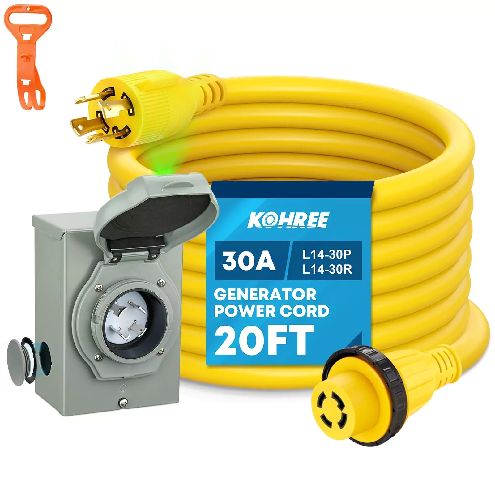 Kohree 30 amp generator power cord and inlet box kit 20 ft