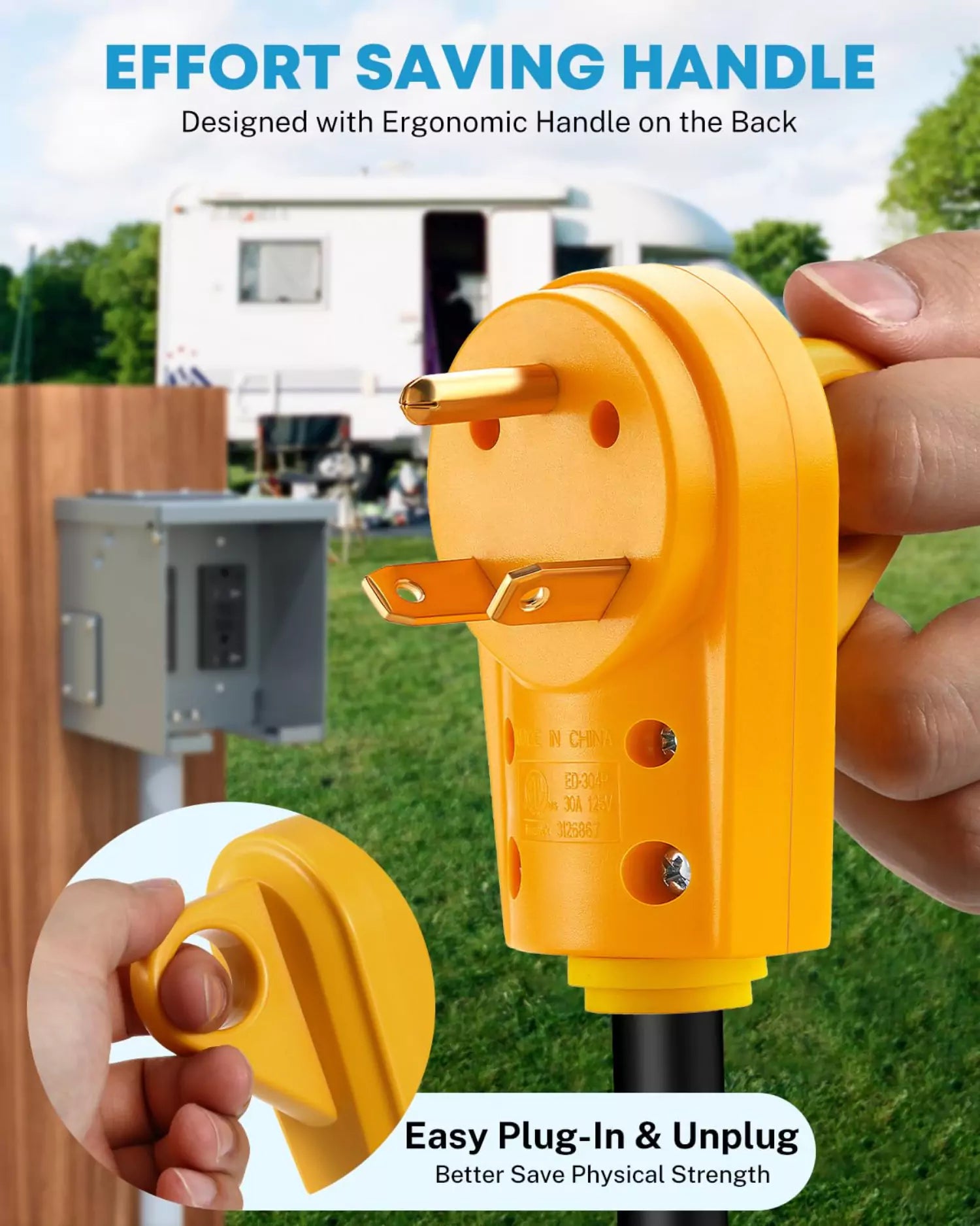 30 amp rv male plug designed with ergonomic handle on the back