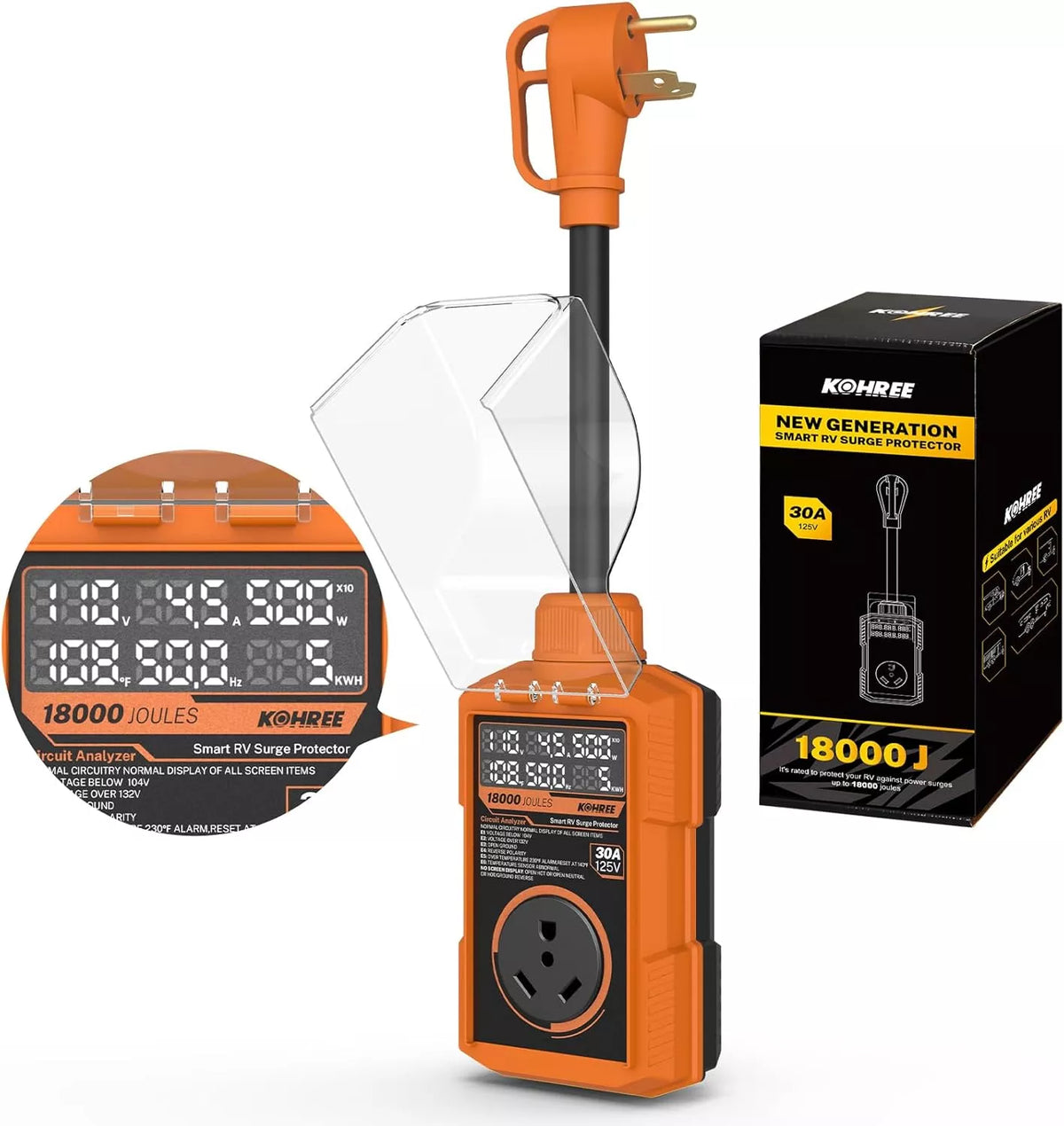 Kohree upgraded 30 amp orange and black electrical surge protector with digital display and packaging
