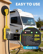 Power surge protector with cable and circuit analyzer display in front of an RV