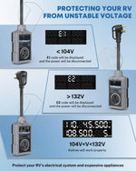 Electrical 30 amp rv power surge protector for RVs displaying voltage levels and warning codes