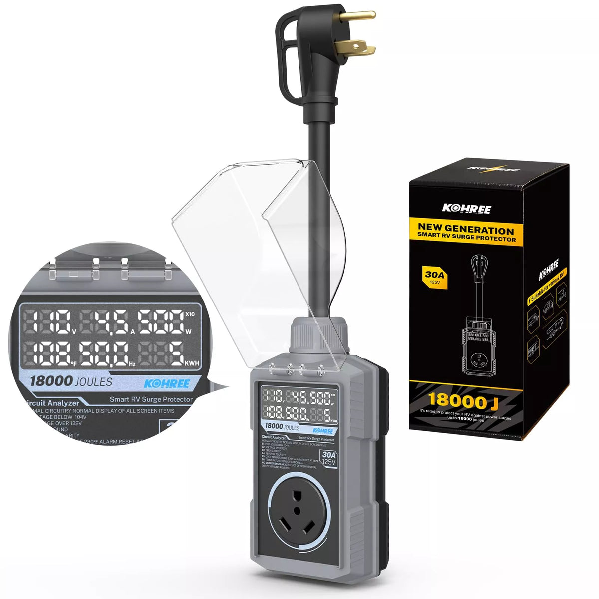 Kohree 30 amp grey surge protector with digital display, power cord, and packaging