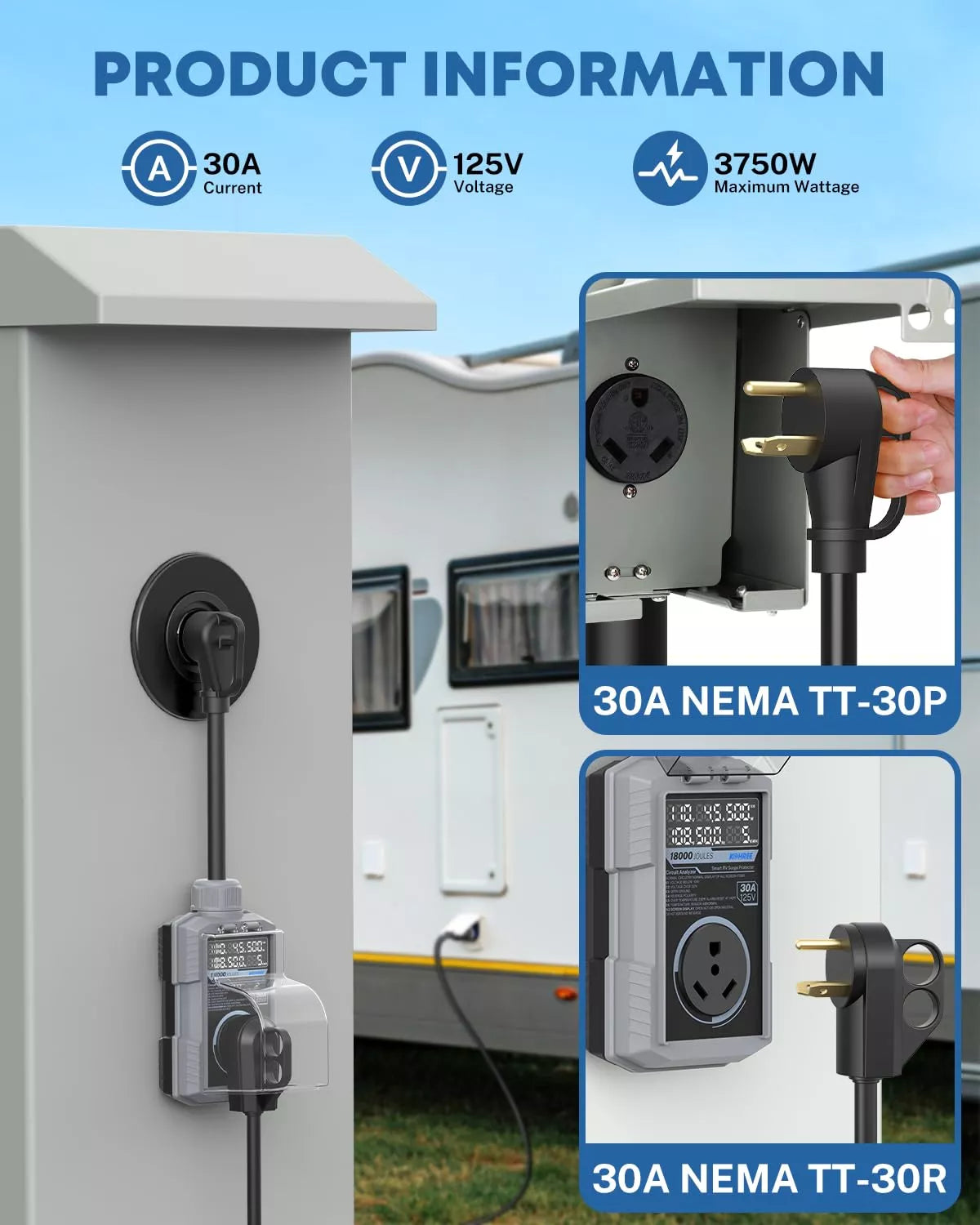 Electrical 30 amp power surge protector with NEMA TT-30P plug