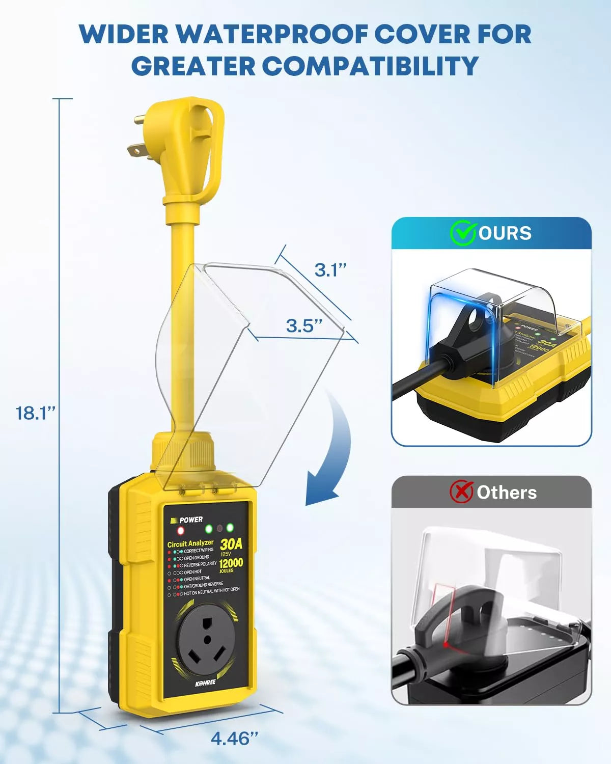 Yellow power surge protector with waterproof cover and measurement details
