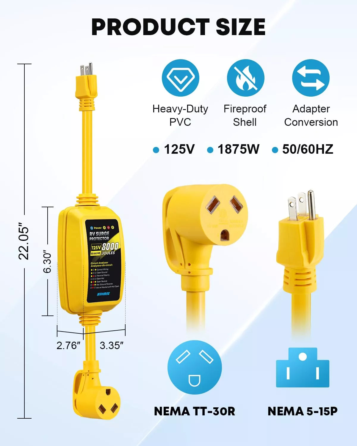 Kohree 30 amp to 15 amp adapater with circuit analyser size