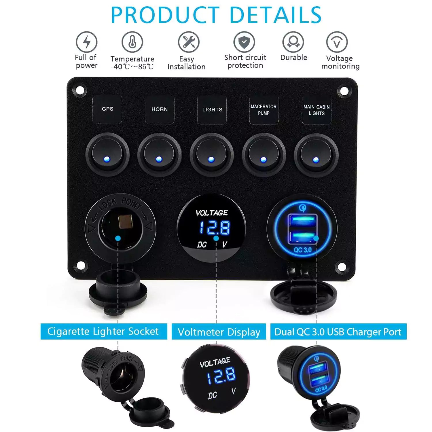 Kohree 5 Gang Rocker Switch Panel with Toggle Switch & QC 3.0 USB