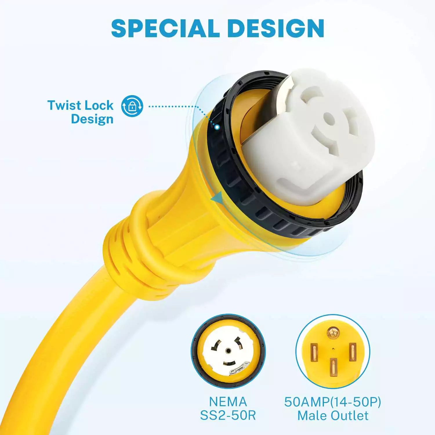 Special twist lock design for 50 feet 50 amp extension cord