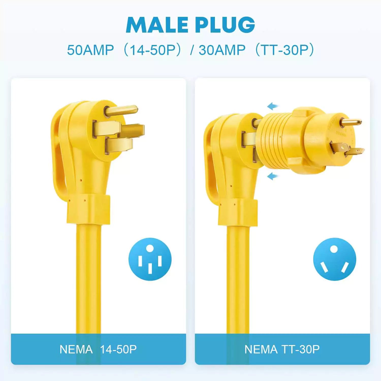 50 amp (14-50P) to 30 amp (TT-30P) male plug RV cord