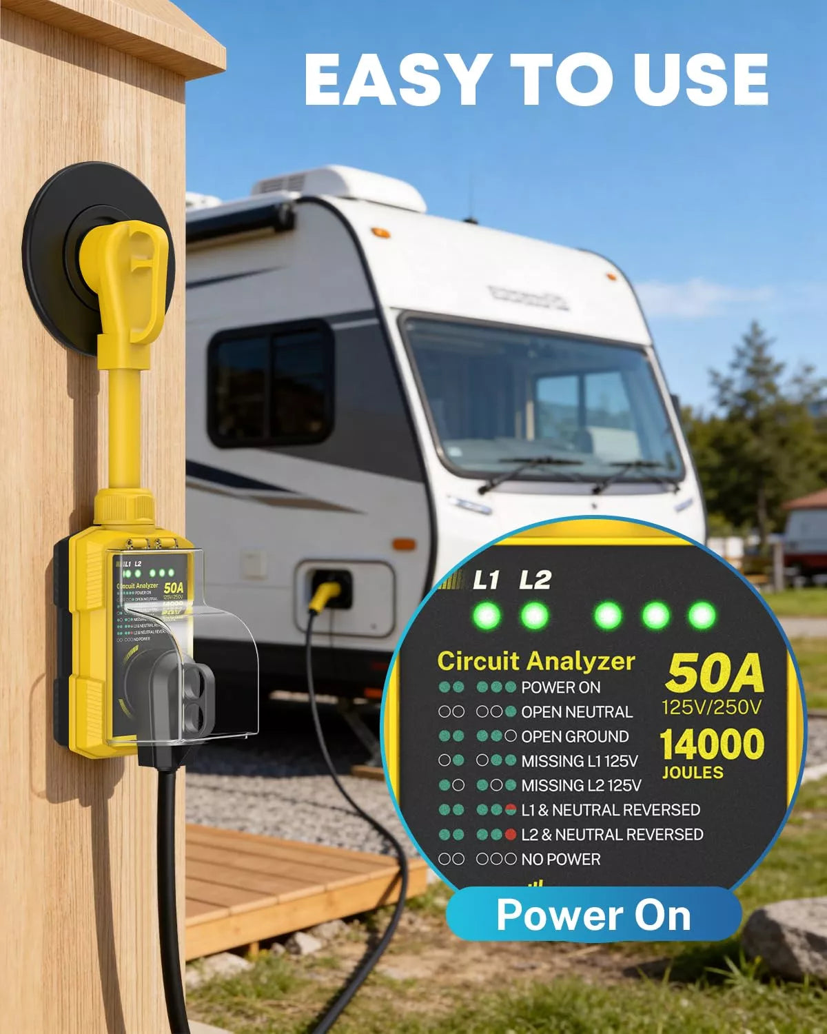 Outdoor power surge protector with circuit analyzer display