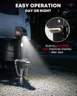Tow hitch with built-in LED light on a vehicle, highlighting ease of use day or night. 