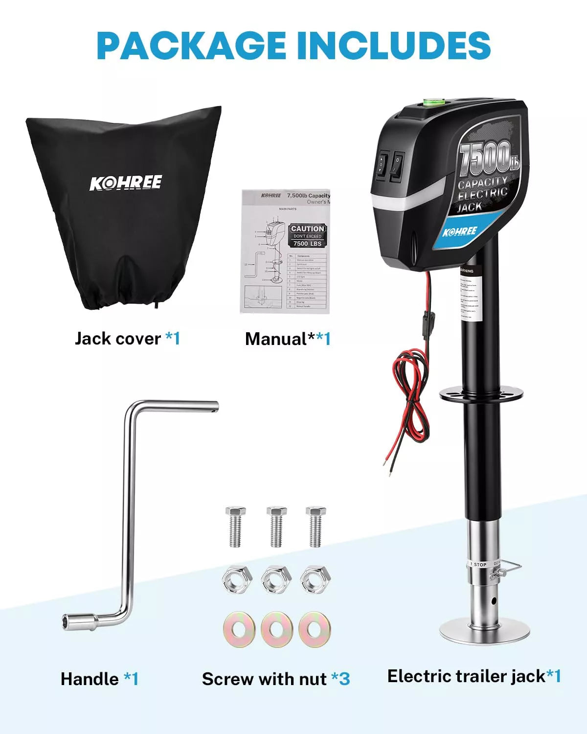 Kohree electric trailer jack package with jack cover, handle, screws, manual, and cable 