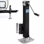 Black and silver trailer jack stand with a handle attached to a vehicle