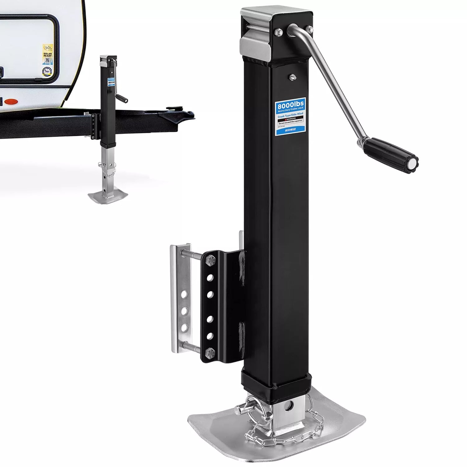 Black and silver trailer jack stand with a handle attached to a vehicle