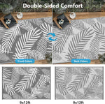 Double-sided outdoor rug with leaf pattern on a wooden deck. 