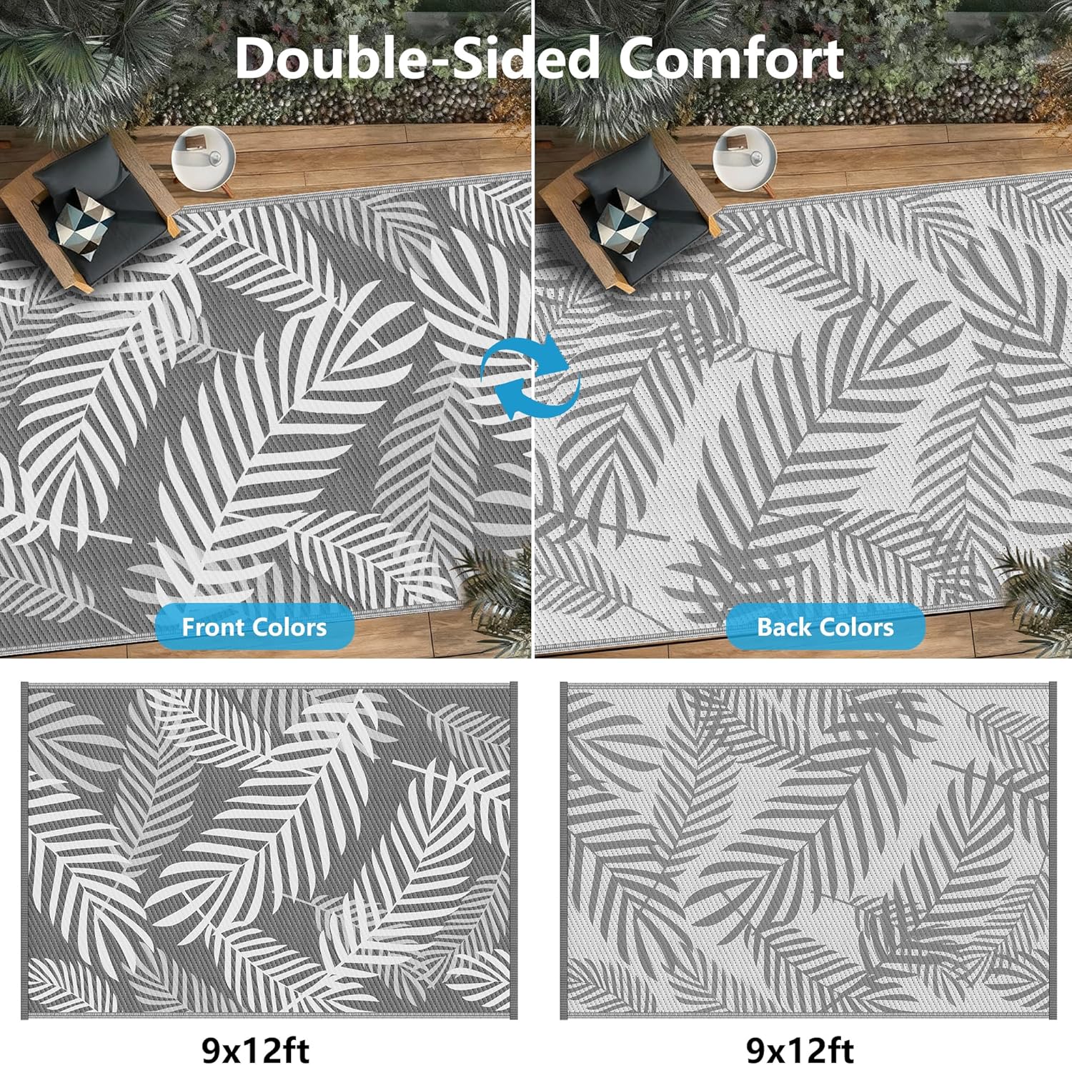 Double-sided outdoor rug with leaf pattern on a wooden deck. 