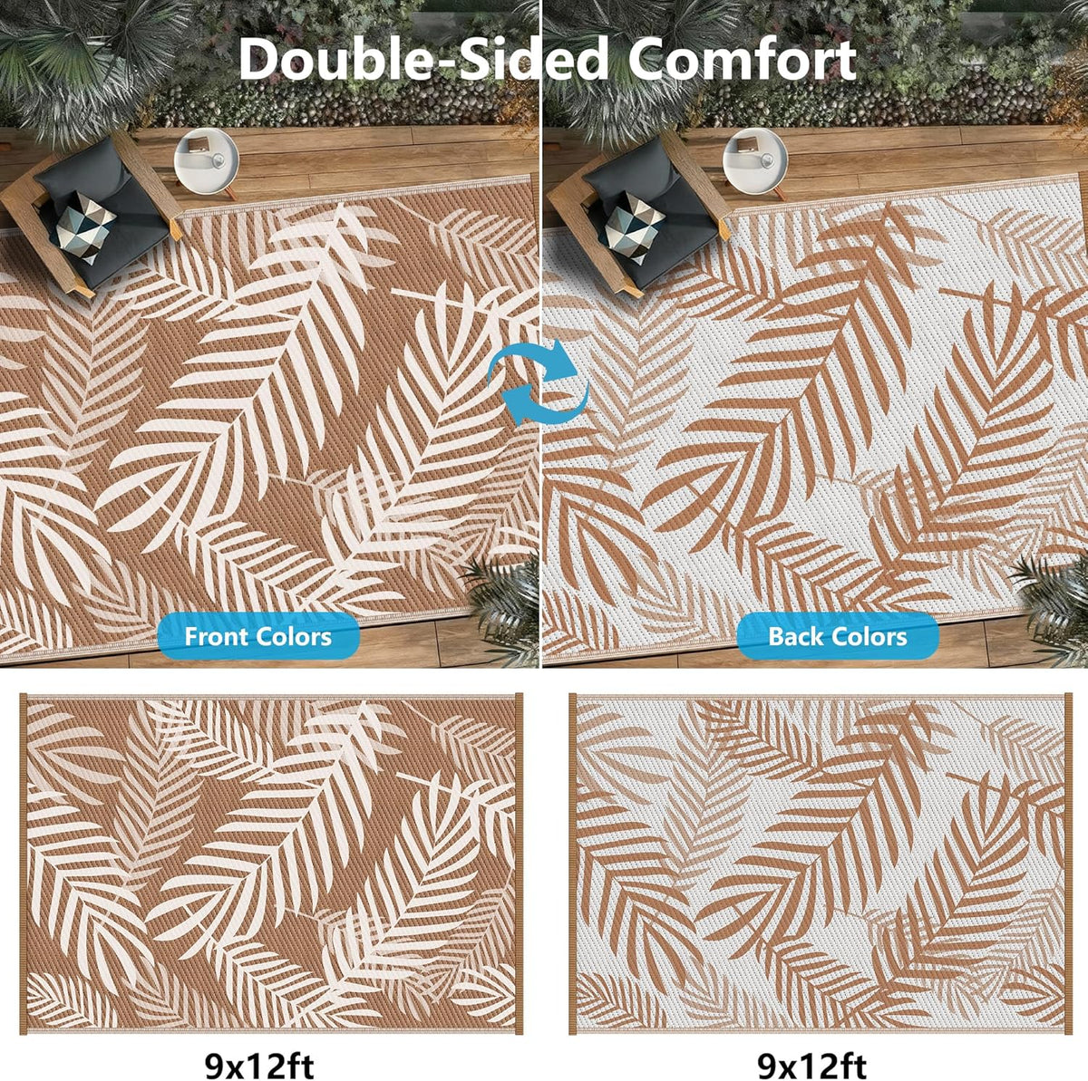 Double-sided patterned rug with front and back color options on a wooden floor. 