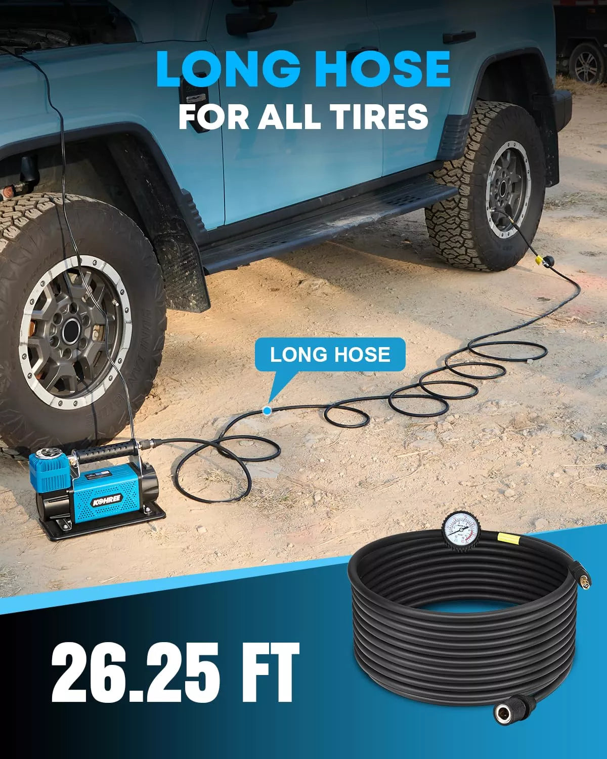 Air compressor with long hose for all tires 