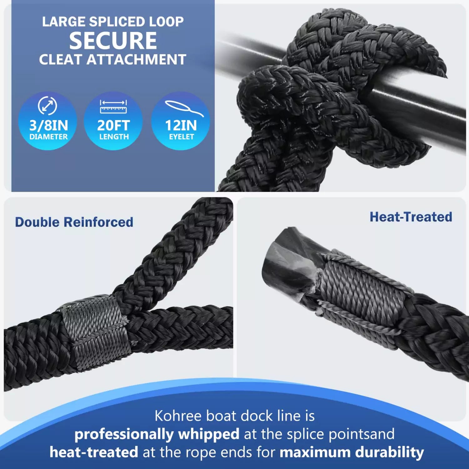 Kohree 3/8 in x 15-25 ft Dock Lines for Boats | Nylon Marine Rope