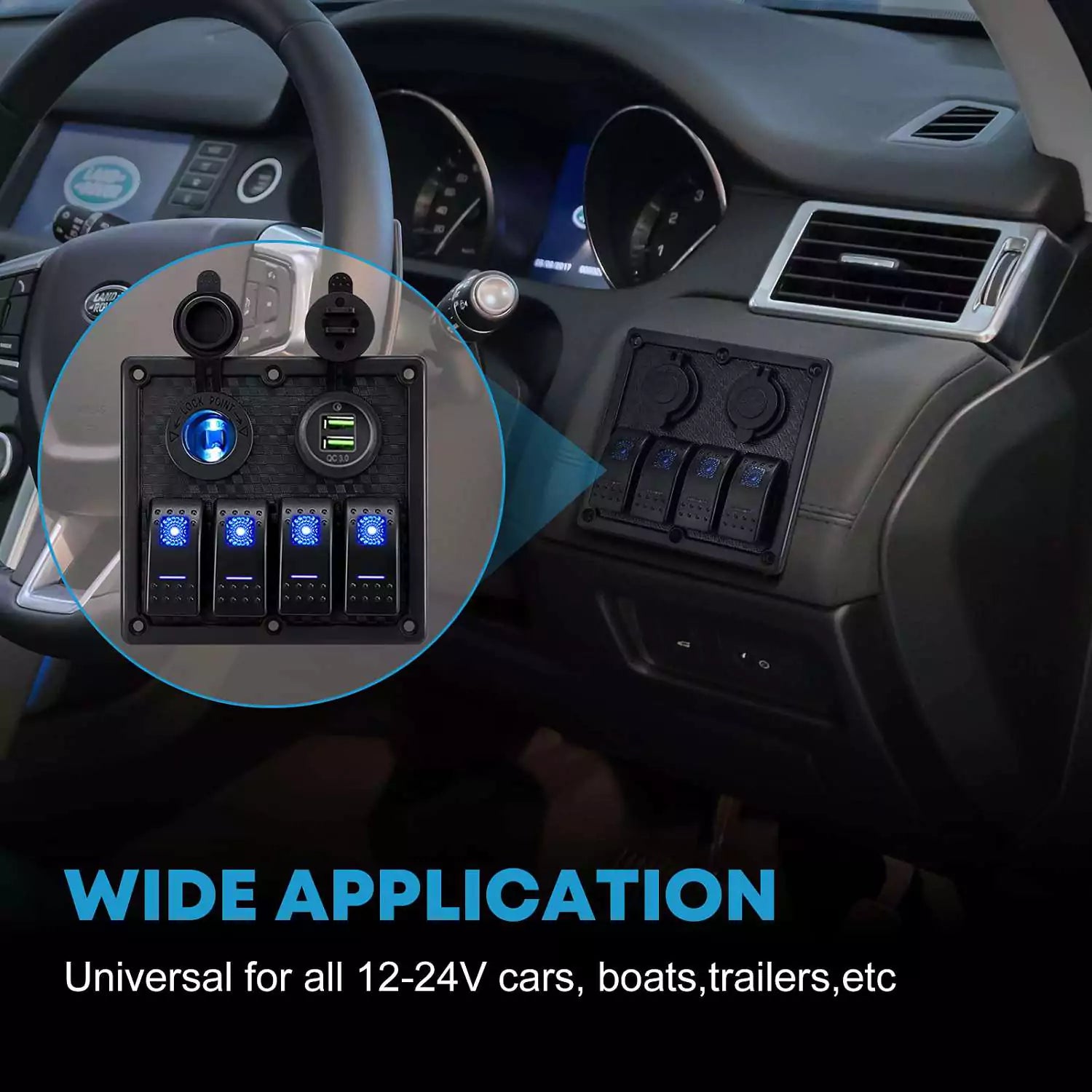 Automotive switch panel wide application for all 12-24V cars, boats, trailers, etc.