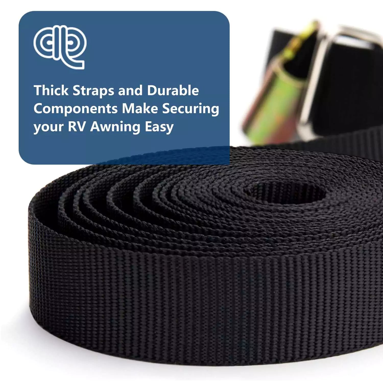 Thick straps and durable components for awning tie downs