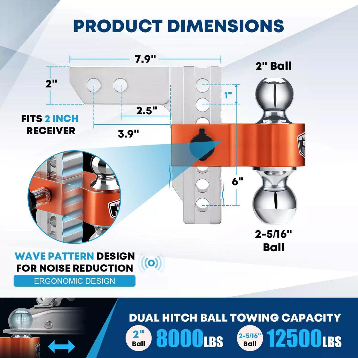 Kohree 6 inch orange ball mount hitch dimensions
