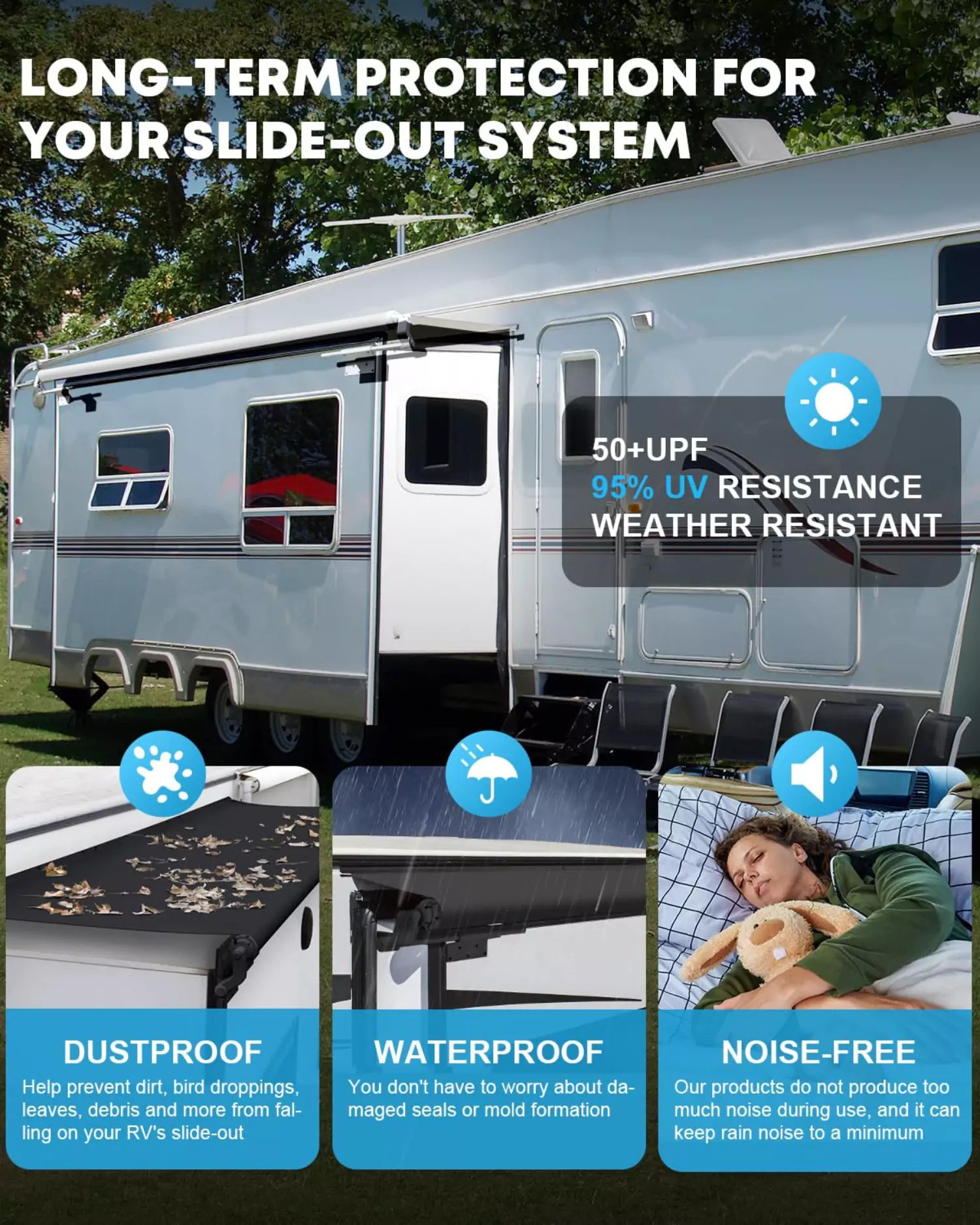 Black rv slide topper offers long-term protection for your slide out system