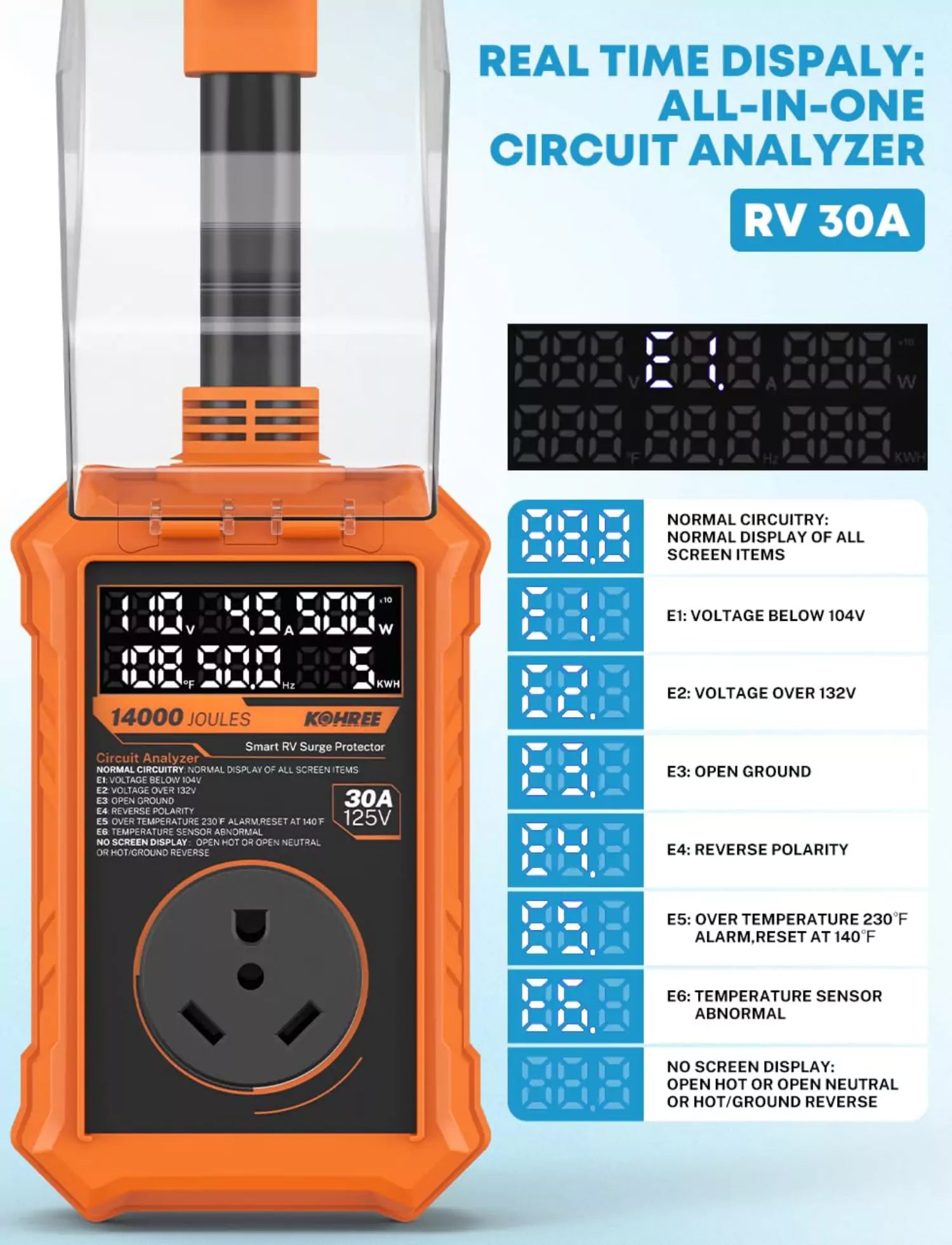 Real time display all in one circuit analyzer camper surge protector 30 amp orange