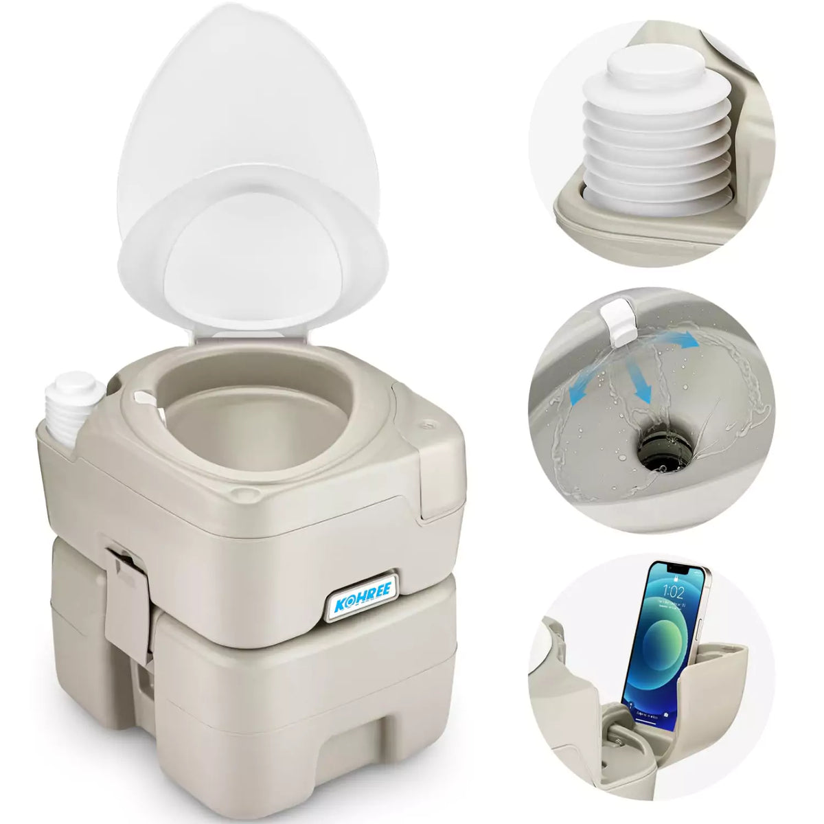 Kohree Standard Camping Portable Toilet 5.3 Gal. Large Flush Capacity