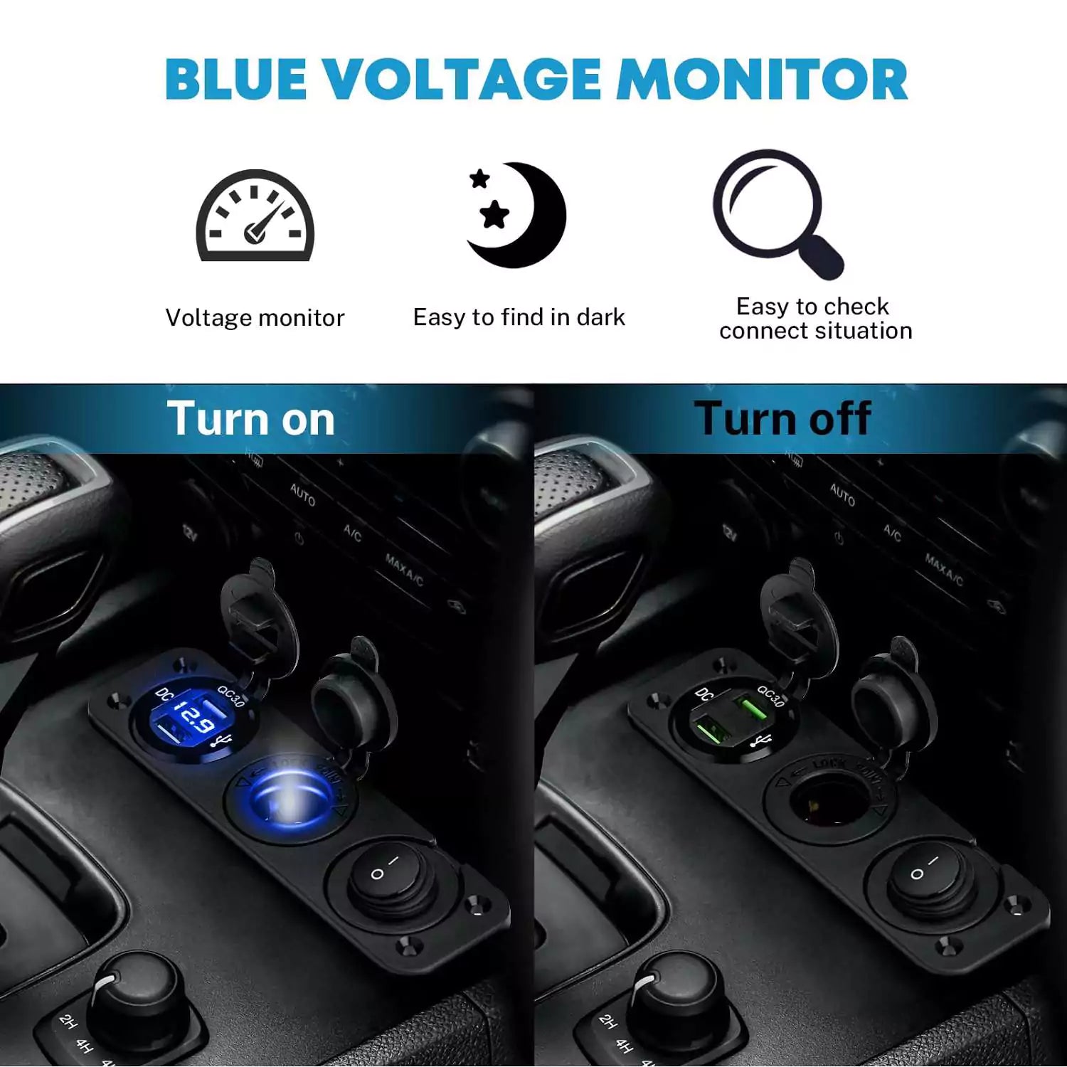 Blue voltage monitor cigarette lighter socket adapter