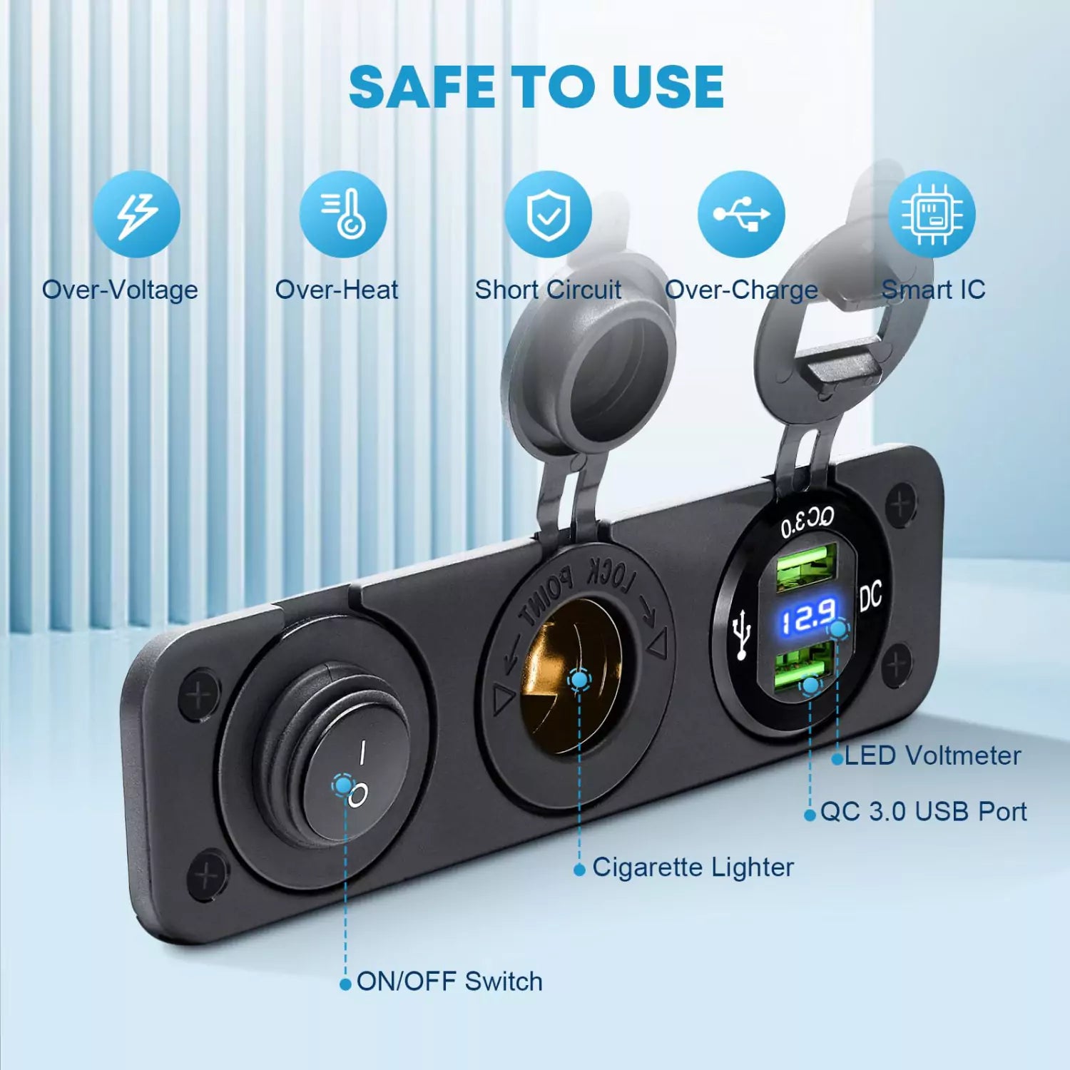 Blue voltage monitor cigarette lighter socket adapter