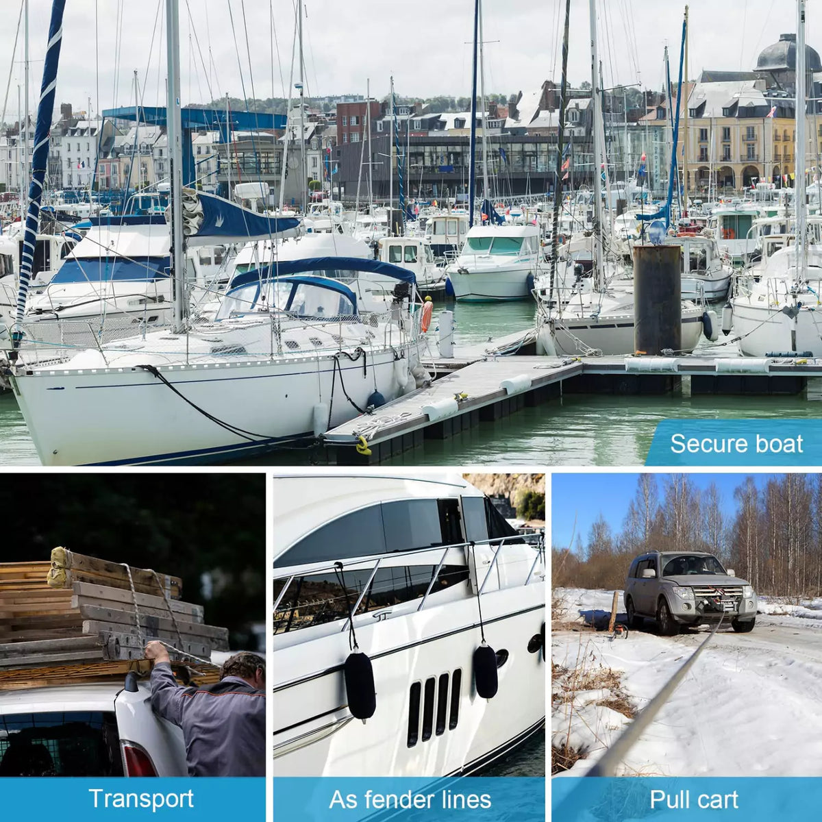 Dock lines for secure boat, transport, as fender lines and pull car