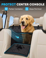 Dog car seat cover protects center console from dog drool