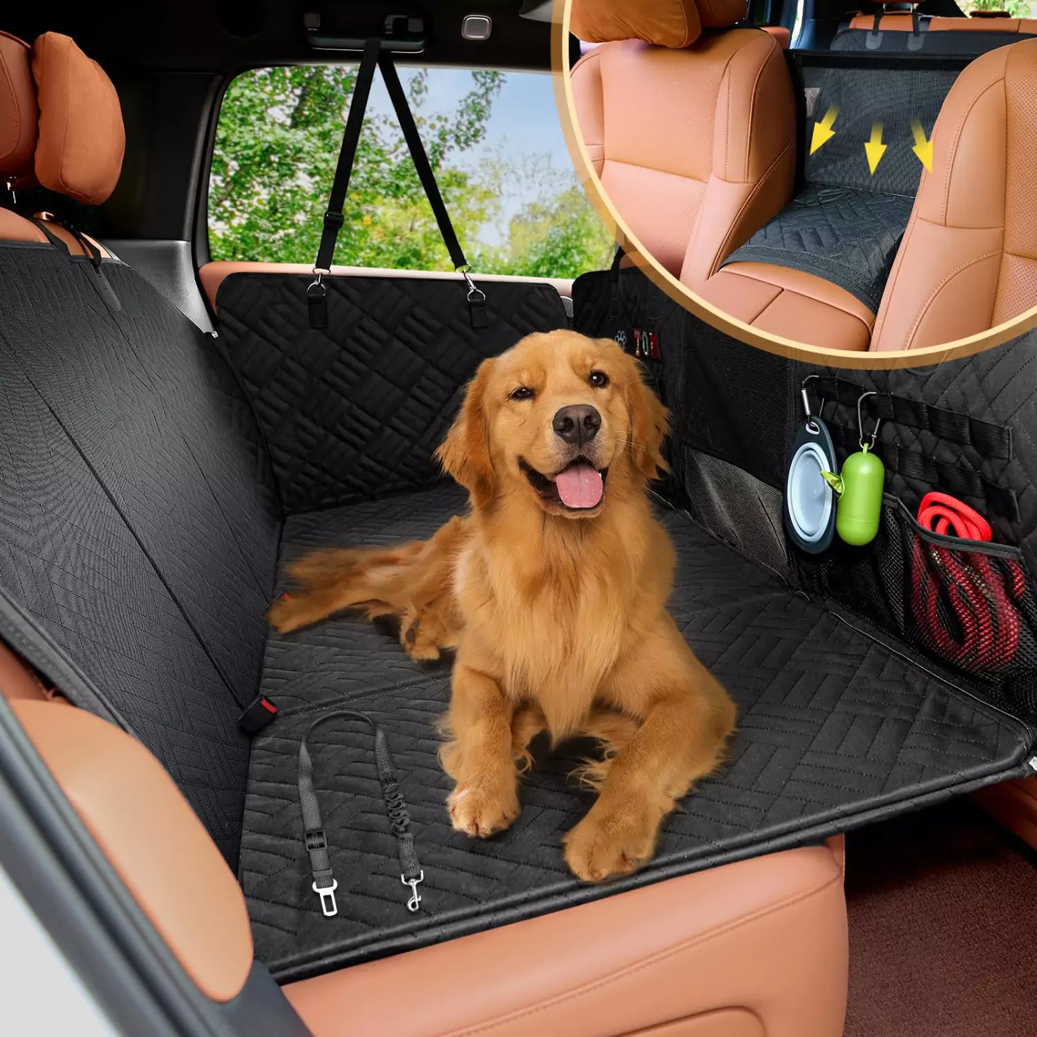 A golden haired dog lies on a black car back and seat pet cover