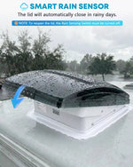 Smart rain sensor on a roof with raindrops, labeled for automatic lid closure in rainy conditions. 