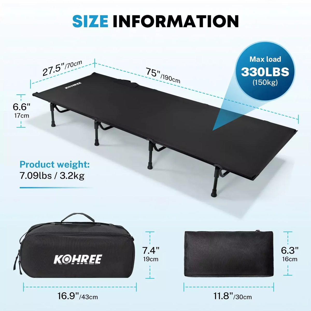 Kohree folding camp bed size information