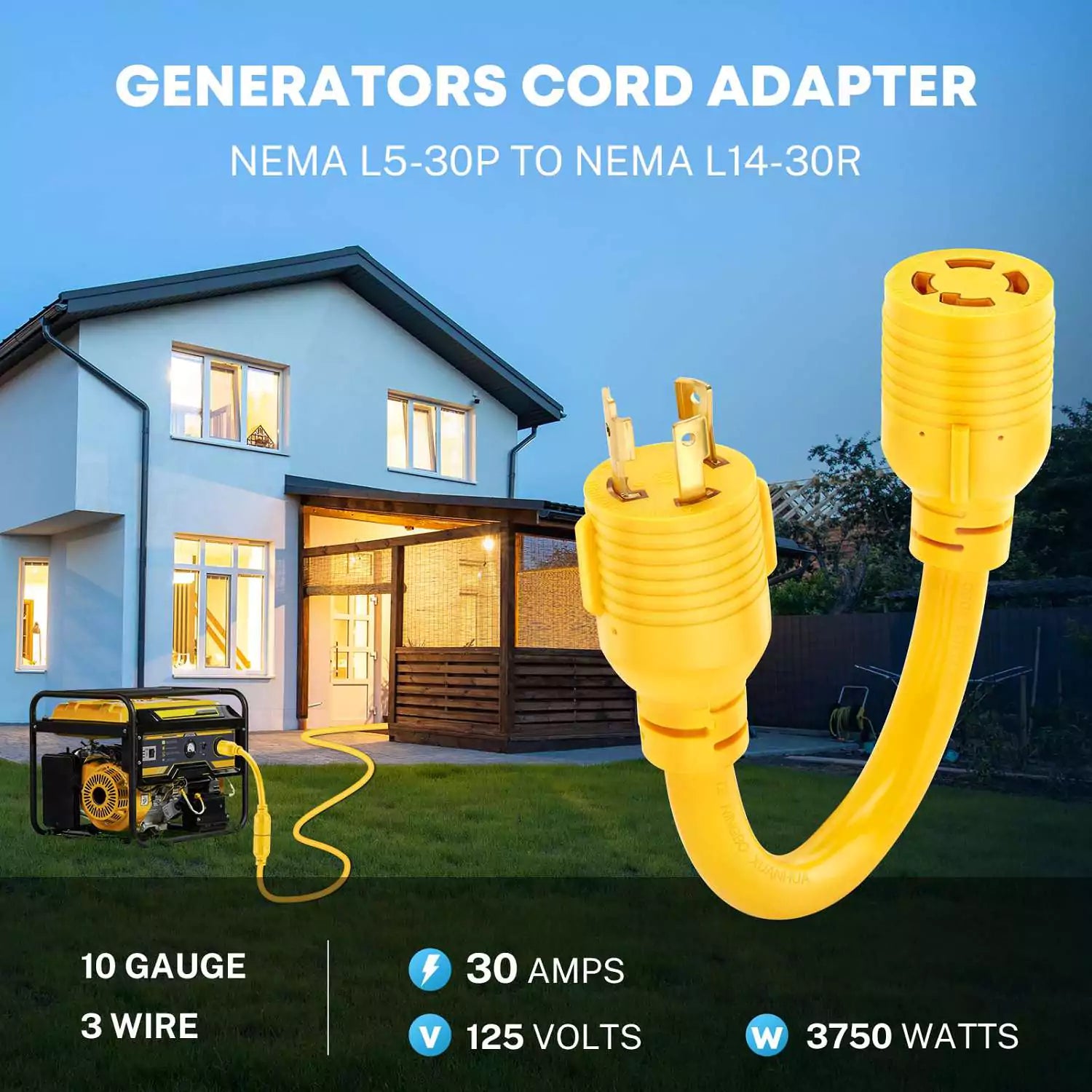 Generator House Adapter NEMA L5-30P to L14-30R Generator Plug Adapter Cord - Kohree