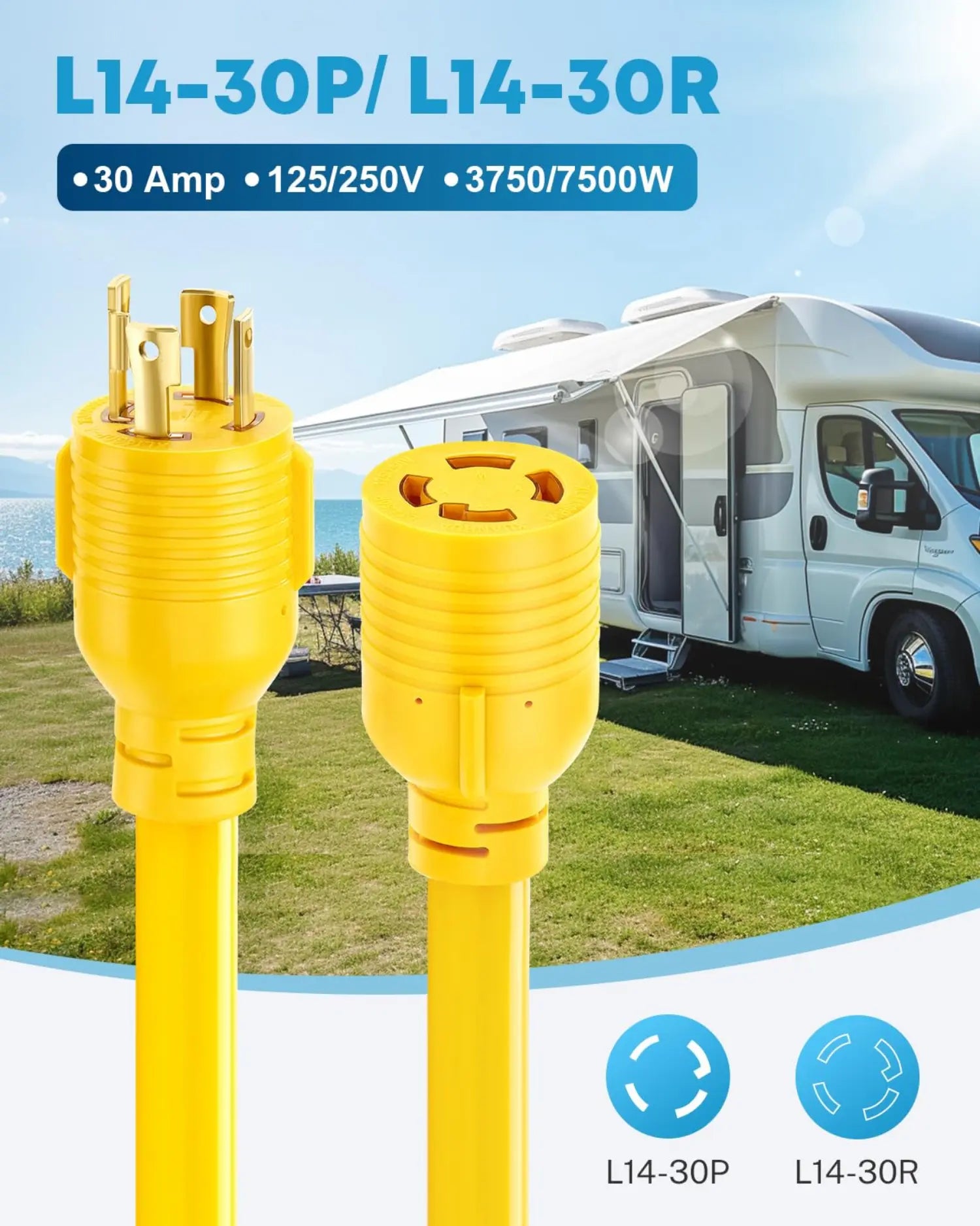 Kohree NEMA L14-30P and L-30R generator cord 30 amp 25 ft